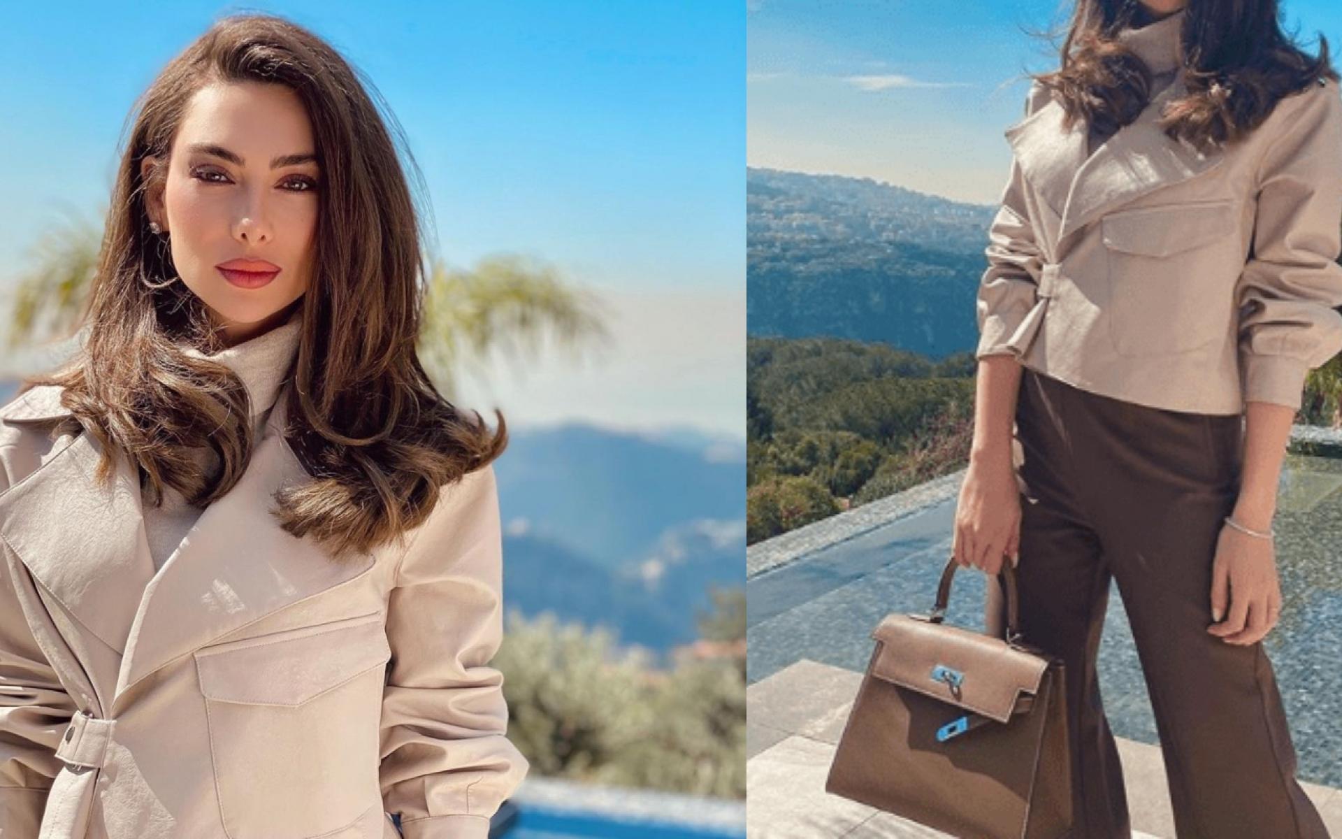 إطلالة جذابة بجاكيت وتوب من نفس اللون مع بنطلون بني مع حقيبة يد من نفس اللون